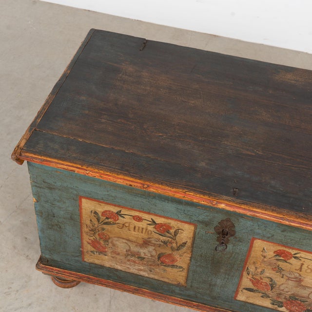 Early 19th Century 1822 Original Hand-Painted Blue Pine Flat Top Trunk For Sale - Image 5 of 13