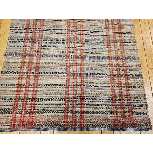 Early 20th Century Vintage American Rag Runner, Hand-Woven Wool & Cotton, Ivory & Red Stripe Pattern, 3x13 For Sale - Image 5 of 14