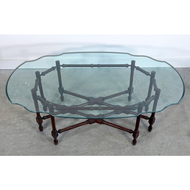 Chinoiserie Hammary Mahogany Faux Bamboo Coffee Table With Scalloped Glass Top For Sale - Image 3 of 12