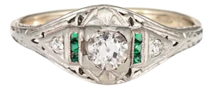 Vintage Art Deco Diamond Emerald Ring Sz 7.75 14k Gold Engagement Bridal Jewelry