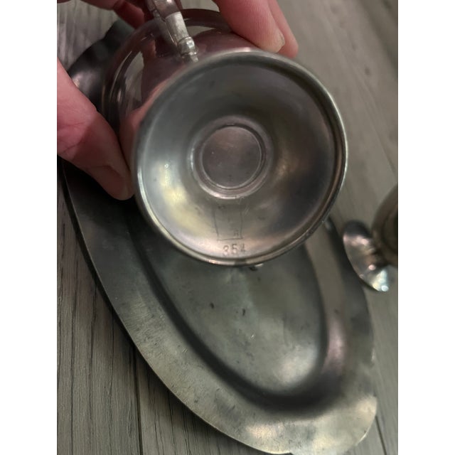 Antique Genuine Pewter Cream & Sugar Set W/ Serving Tray. All 3 Pieces Are Stamped W/ Their Catalog Production Numbers: (352, 357, 848) by Kirk Stieff For Sale - Image 6 of 6