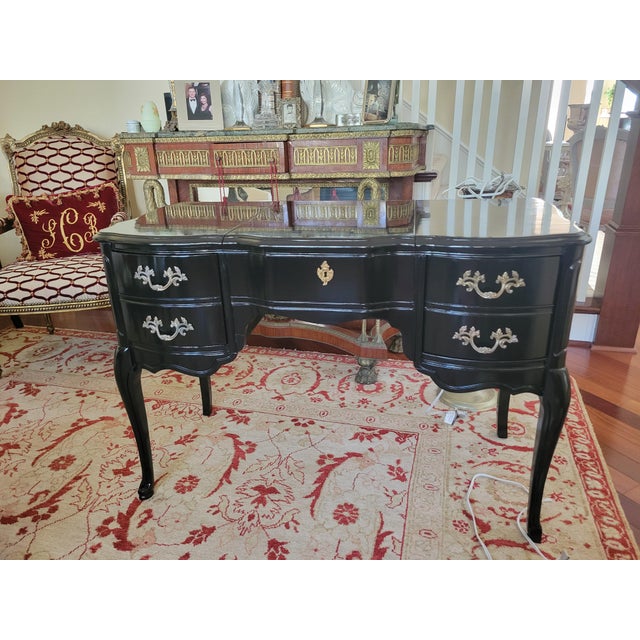 French Vanity High Gloss Black Two drawers. Lift top in middle with storage and mirror.