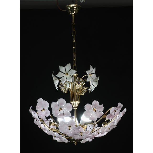 Vintage Murano glass chandelier with white and pink flowers, white at the top and pink at the bottom. The chandelier has 5...