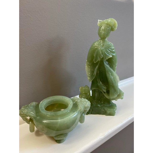 Antique Solid Jade Handcarved Footed Bowl For Sale In Chicago - Image 6 of 9