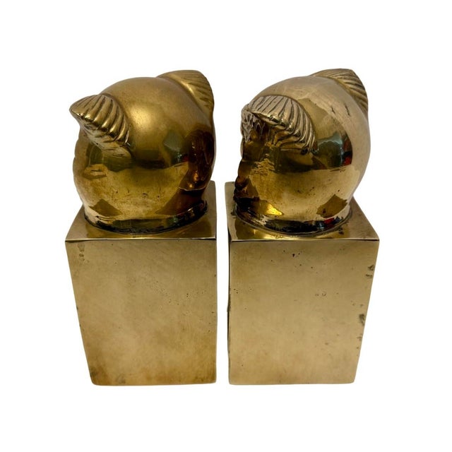 Mid-Century Modern Vintage Brass Owl Bookends Pair MCM Mid Century Detailed Owl Head Pedestal M4. For Sale - Image 3 of 8