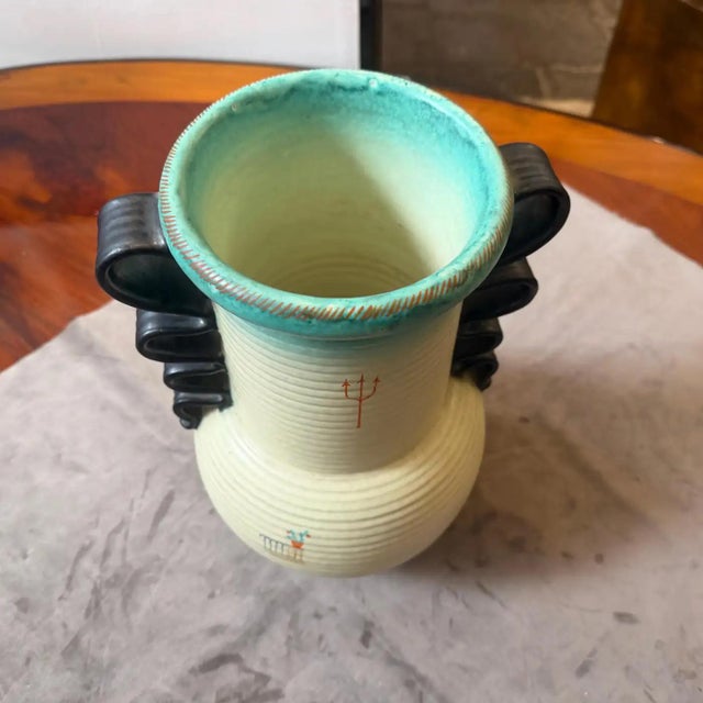 Beige 1930s Art Deco Hand Painted, Air Brushed Italian Futurist Ceramic Vase by Deruta For Sale - Image 8 of 15