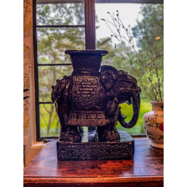 Vintage Large Ceramic Elephant Garden Stools in a Graphite Gloss Glaze - A Pair For Sale - Image 4 of 8