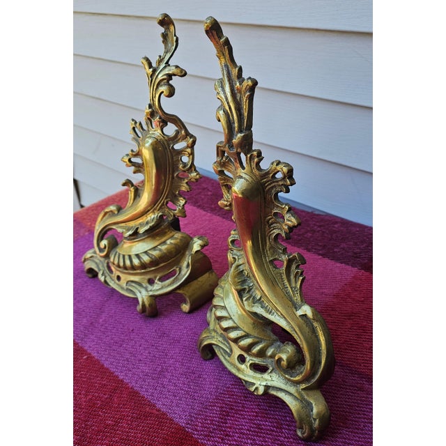 Rococo Mid Century Brass Plated Iron Chenets- a Pair For Sale - Image 3 of 7