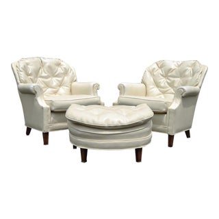 Pair Vintage Hollywood Regency Tufted Club Lounge Chairs & Ottoman Modern For Sale