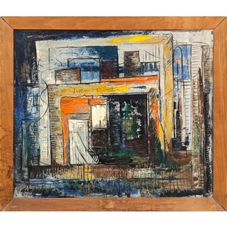 Richard Dempsey Early Modern Orange, Blue, and Yellow Toned Abstract City Landscape Painting, Mid 20th Century For Sale