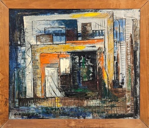 Richard Dempsey Early Modern Orange, Blue, and Yellow Toned Abstract City Landscape Painting, Mid 20th Century