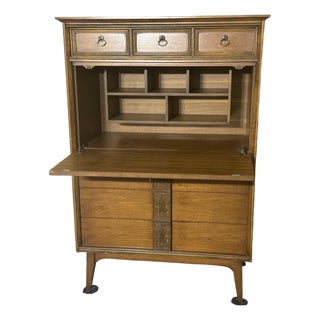 Vintage 1960s Bassett Mayan Walnut Secretary Desk Highboy For Sale