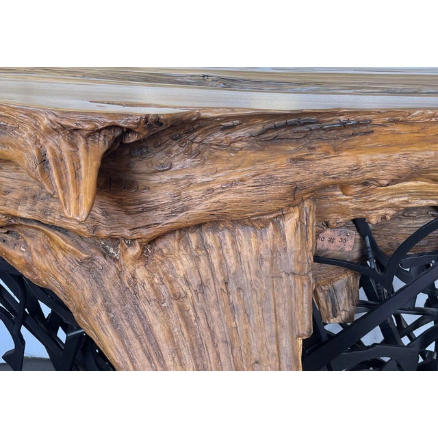 Brown Majestic Cypress Tree Log Console With Sculptural Steel Base. Labeled Pmc #35. For Sale - Image 8 of 9