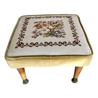 Mid-Century Modern Needlepoint & Chartreuse Velvet Footstool — Vintage Square Ottoman With Tapered Walnut Legs and Brass Ferrule Accents For Sale