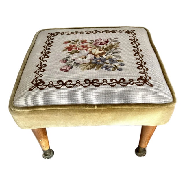Mid-Century Modern Needlepoint & Chartreuse Velvet Footstool — Vintage Square Ottoman With Tapered Walnut Legs and Brass Ferrule Accents For Sale