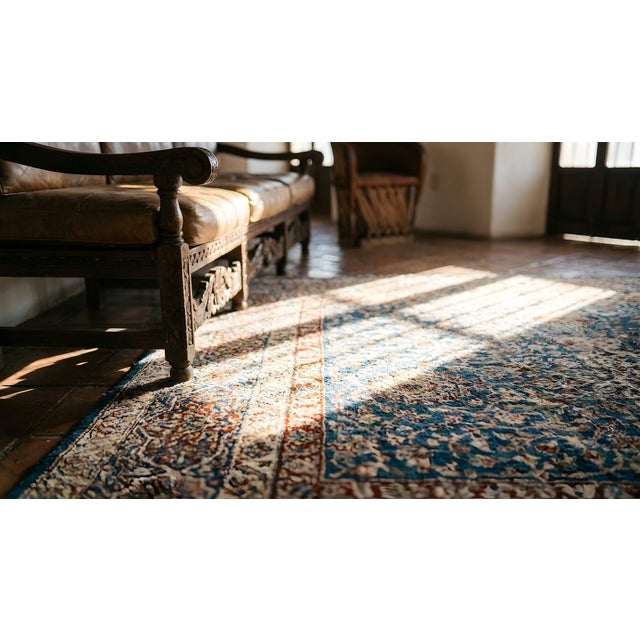 1890s Blue Navy Ardabil Antique N. Indian Agra Rug 10'8" - 14'10" Handknotted Wool Carpet For Sale - Image 11 of 13
