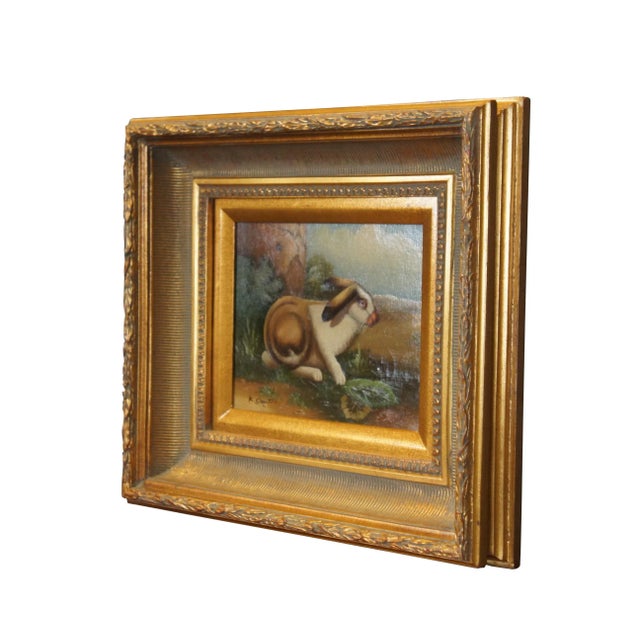 20th Century Realist Rabbit Countryside Signed Portrait Painting Canvas ...