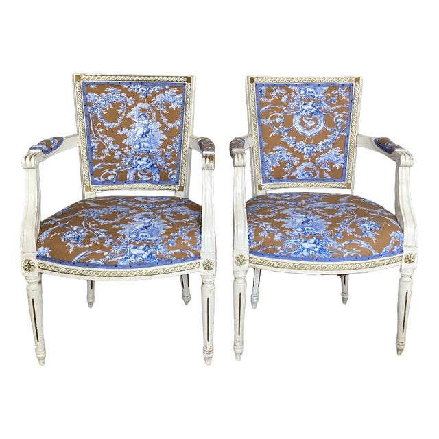Set of Gustavian Armchairs with Toile De Jouy Cover For Sale