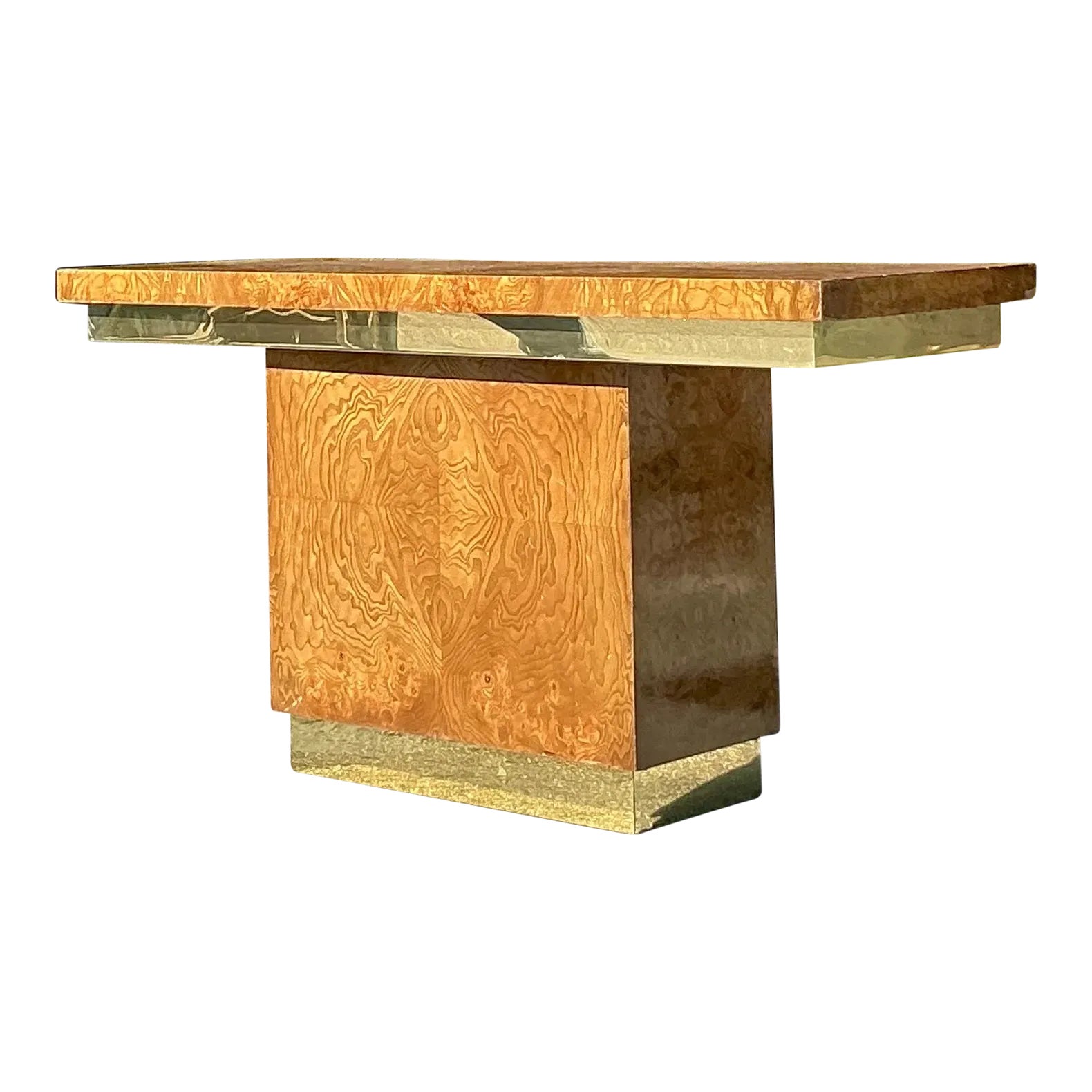 Vintage Boho Burl Wood and Brass Console Table | Chairish