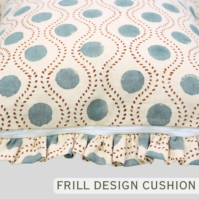 Not Yet Made - Made To Order Block Print Ruffle Throw Pillow Decorative Ruffle Accent Cushion for Sofa and Bed 22x22 Inch- Raajbhog For Sale - Image 5 of 6