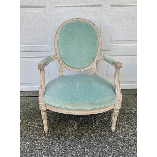 A French Country Classic | Louis XVI Fauteuil in Soft Celadon Velvet For Sale - Image 11 of 11