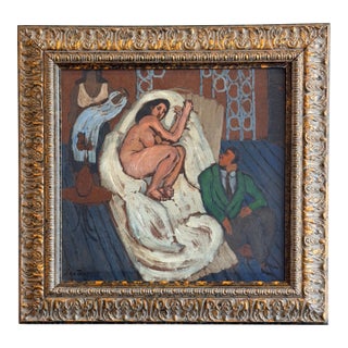 Mid-Century Figurative Interior Oil Painting For Sale