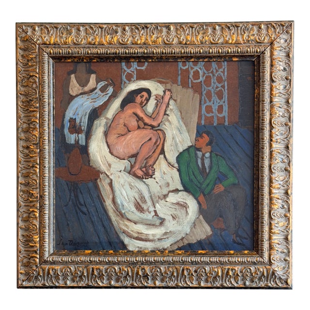 Mid-Century Figurative Interior Oil Painting For Sale