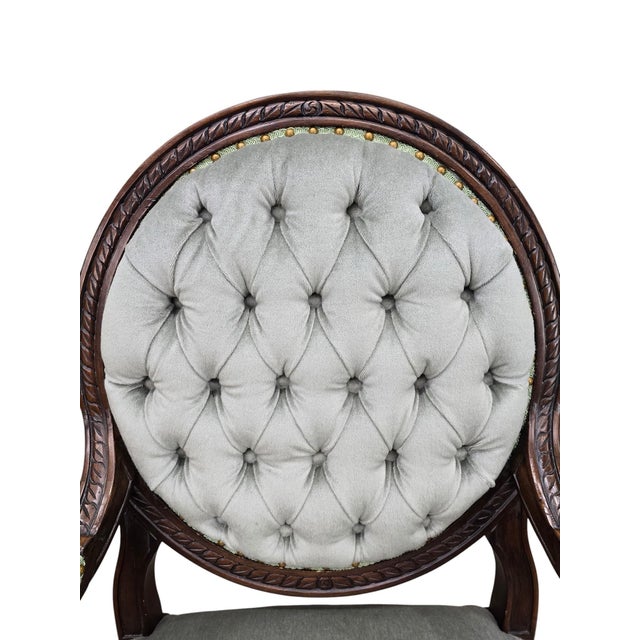 Vintage Louis XVI Style Medallion Back Armchairs Newly Reupholstered in French Sage Italian Mohair - Pair Elegant pair of...
