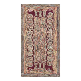 1880s Small Multicolor Geometric Folk Art Antique American Knotted Wool Hooked Rug For Sale