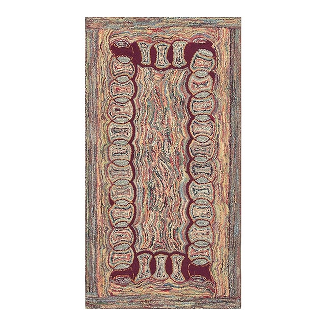 1880s Small Multicolor Geometric Folk Art Antique American Knotted Wool Hooked Rug For Sale