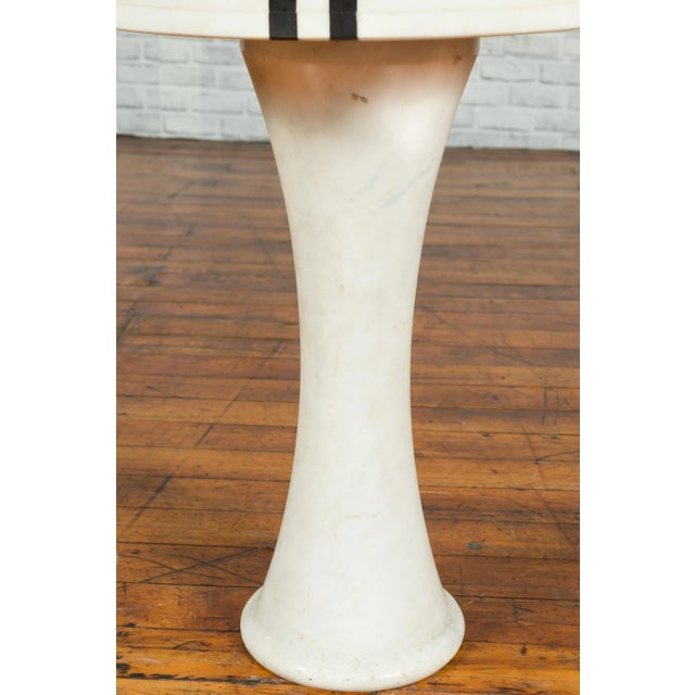 White Marble Side Table with Poker Design Round Top and Pedestal Hourglass Base For Sale - Image 9 of 10