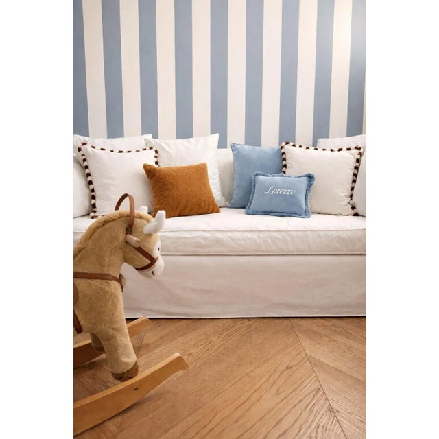 Bicolor White Velvet Cushion with Brick and White Fringes from Lo Decor For Sale - Image 6 of 9