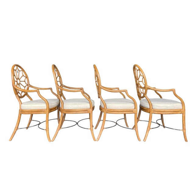 Late 20th Century Rattan Medallion Back Dining Chairs in the Style of Ferguson Copeland | Set of 4 For Sale - Image 5 of 9