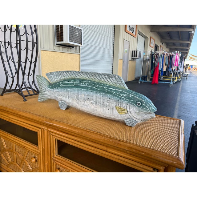 Large hand carved and painted Mahi-Mahi ,Dolphin, Dorado Fish. This can lay on a table, shelf or hang on the wall.