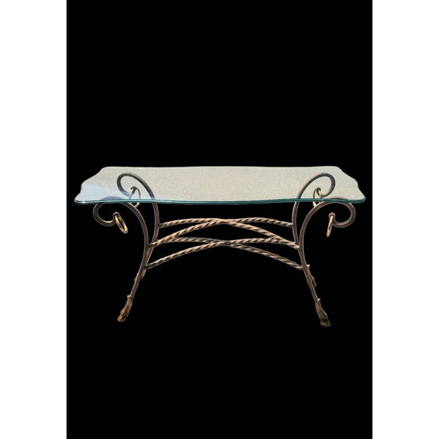 Maitland - Smith Vintage Italian Maitland Smith Style Scalloped Glass Top Iron Rope Hoof Foot Gold Console Table For Sale - Image 4 of 12