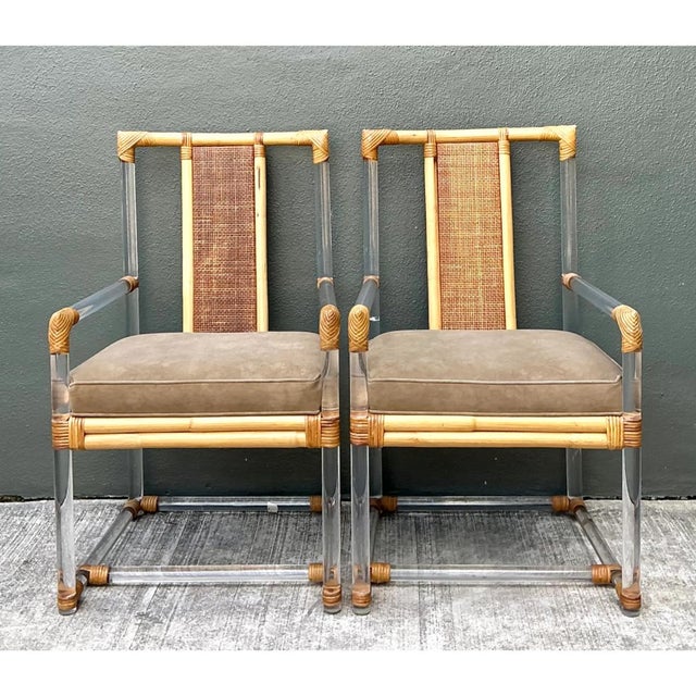 Camel Vintage Four Seasons Lucite and Rattan Armchairs - Pair For Sale - Image 8 of 12