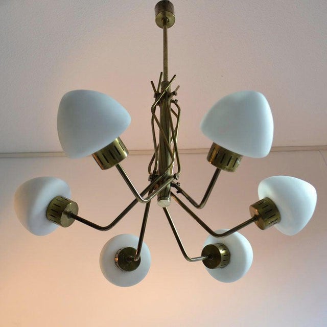Metal Opaline and Brass Italian Chandelier in the style of Stilnovo, 1950s For Sale - Image 7 of 14