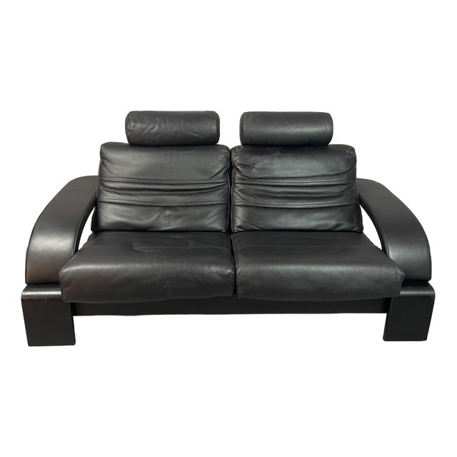 Kroken 2-Seater Sofa in Black Leather by Åke Fribytter for Nelo Möbel, Sweden, 1970s For Sale