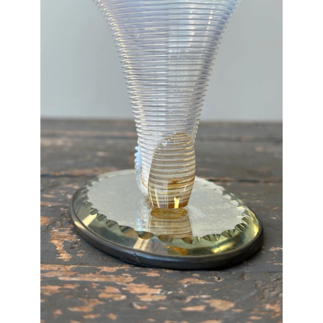 Vintage Opalescent Blown Glass Cornucopia-Style Trumpet Vessels on Mirrored Cut Glass Bases, a Pair, Circa 1930s For Sale - Image 11 of 12