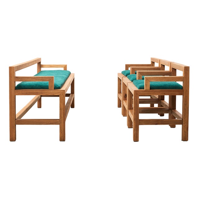 Architectural Dining Chairs and Bench in Oak, Netherlands, 1980s, Set of 4 For Sale