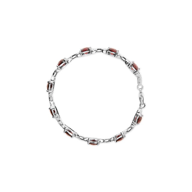 Contemporary .925 Sterling Silver 7x7mm Checkered Cushion Red Garnet and Diamond Accent Fashion Tennis Link Bracelet (I-J Color, I1-I2 Clarity) - Size 7" Inch For Sale - Image 3 of 5