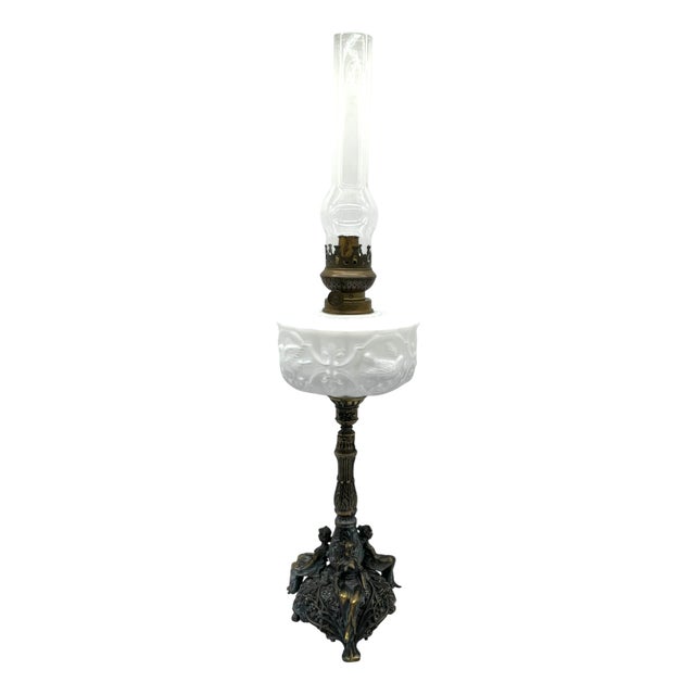 French Art Nouveau Kerosene Lamp in Cast Brass and Opal Glass, 1890s For Sale