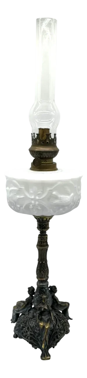 French Art Nouveau Kerosene Lamp in Cast Brass and Opal Glass, 1890s