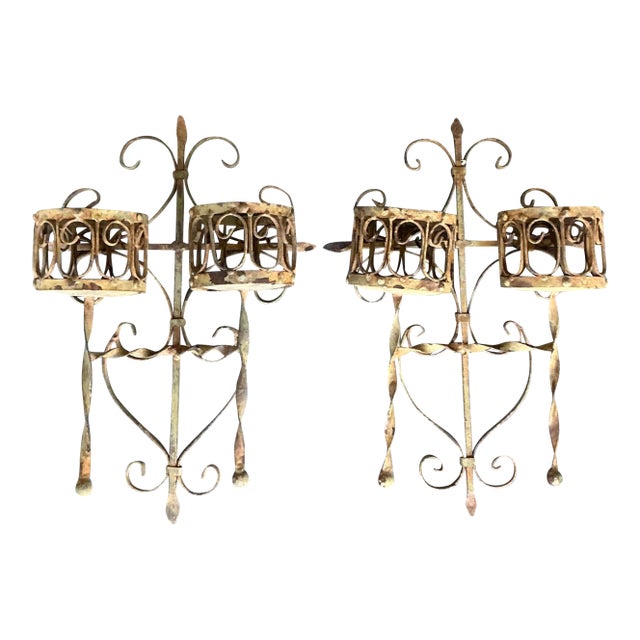 Vintage Boho Distressed Wrought Iron Candle Sconces- A Pair For Sale