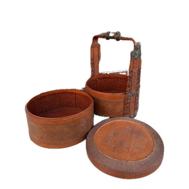 Chinese Antique Chinese 2 Tiered Wedding/Dowry Lacquer Rattan Box With Brass Fixtures 14" X 14" X 18" For Sale - Image 3 of 6