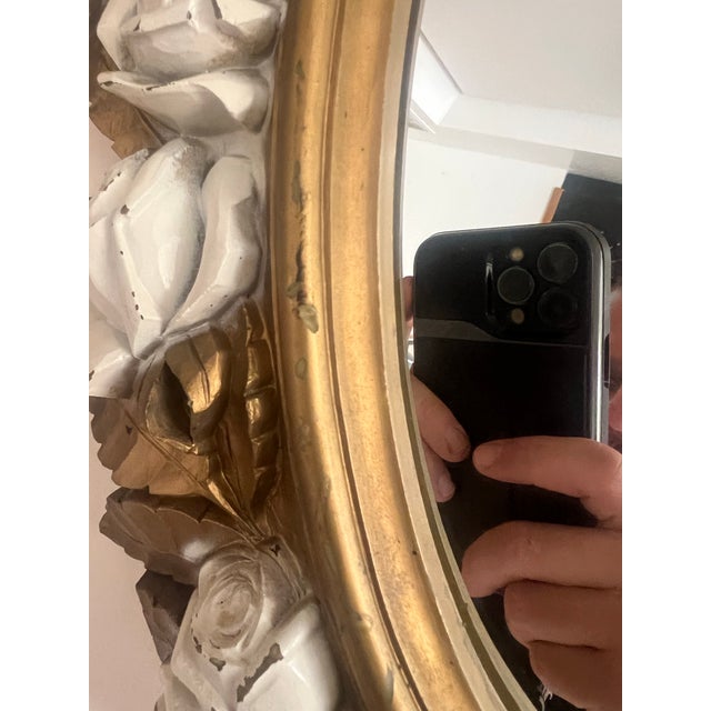 Vintage Mid Century 1970s Homco White Rose Regency Gold Flower Mirror Oval Syroco Style For Sale - Image 4 of 12