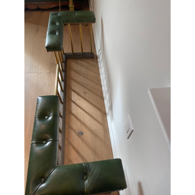 Metal Vintage English Steel and Brass Fireplace Fender With Green Leather Tufted Seat For Sale - Image 7 of 11
