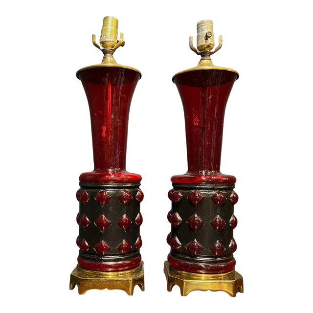 1920's Italian Blown Red Glass Table Lamps - a Pair For Sale
