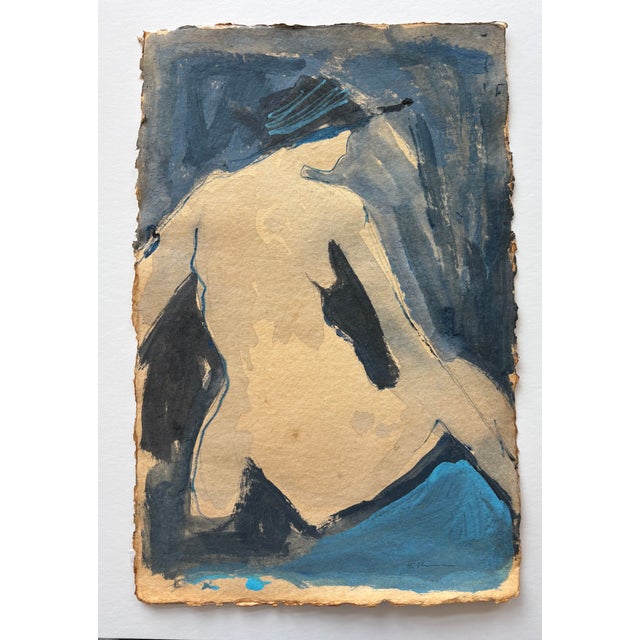 Striking nude female from behind in dramatic blue washes on thick tan paper with hand-torn deckled edge, signed on recto,...