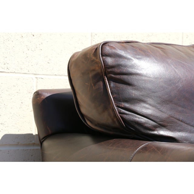 Restoration Hardware Brown Leather Three-Seat Sofa | Vintage Modern Down-Filled Cushions For Sale - Image 10 of 18